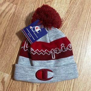 Champion x Urban Outfitters Red & Gray Beanie (Pom Pom Hat) NWT